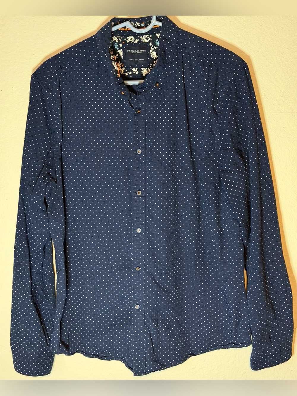 Denim & Flower Navy Floral long sleeve Button Dress Shirt Men XL